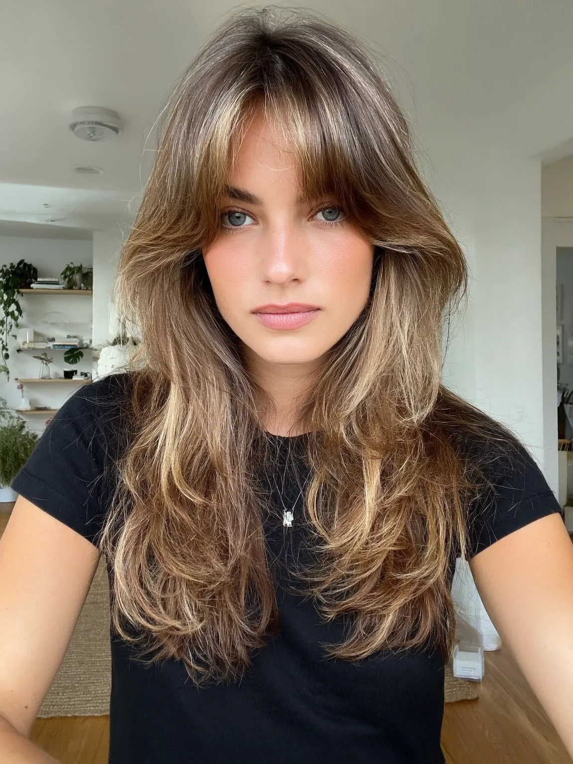 Golden Brown Wavy Layers with Curtain Bangs